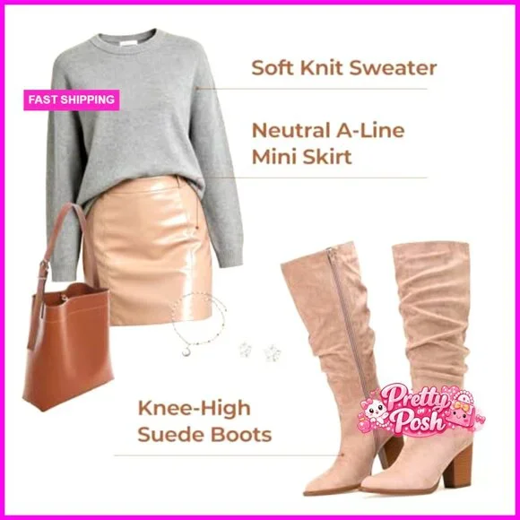 Pointed Toe Knee High Boots Faux Suede Slouch Boots with Chunky Heel - Picture 4 of 7